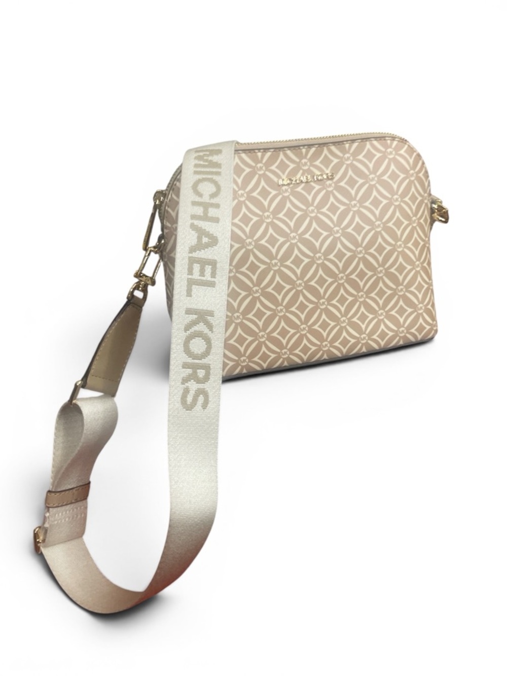 Michael Kors Beige Logo-Pattern Crossbody with Branded Strap W9.5xH 7